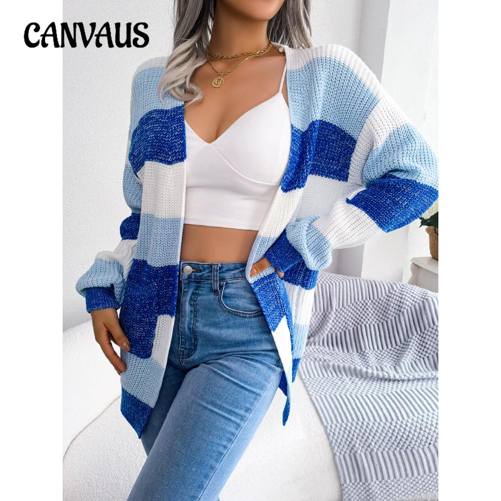 Autumn and Winter Women's Cardigan Sweater Bump Color Striped Lantern Sleeves Casual Cardigan Sweater Jacket Tops
