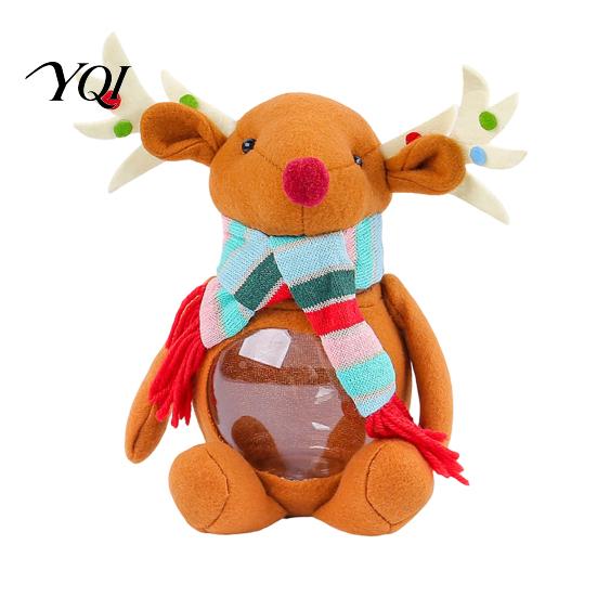 Christmas Window Display Candy Jar, 3D Plush Reindeer Bear Clear Treat Container Tabletop Ornament with Scarf, Holiday Snack Storage Gift Box for Kids