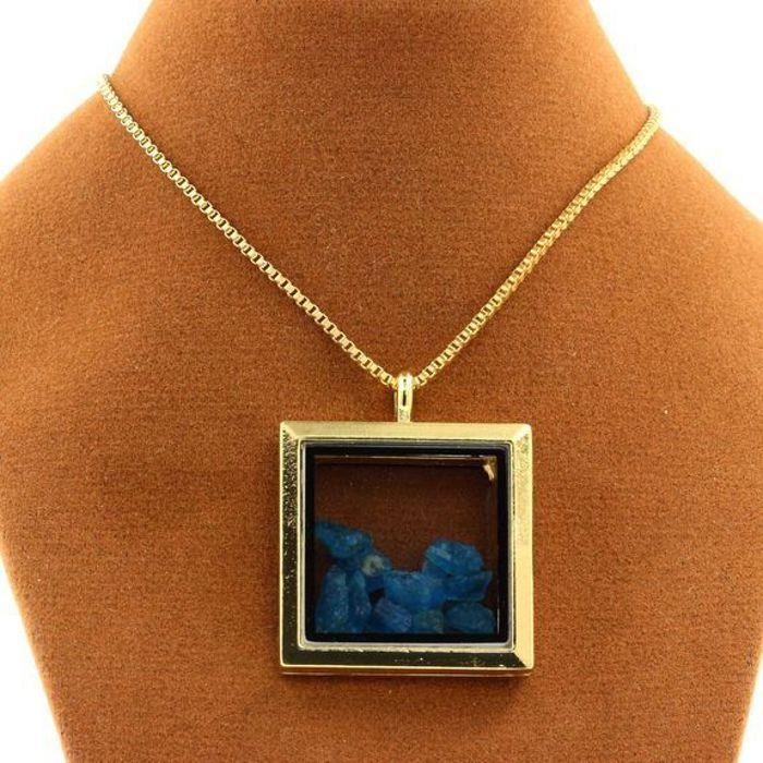 Stones and Minerals. Raw Neon Blue Apatite Necklace. Square Model. Gold Color.
