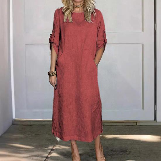 Fall Spring Women Dress Short Sleeve with Cufflink Round Neck Solid Color Loose Big Pocket Commute Daily Wear Midi Dress