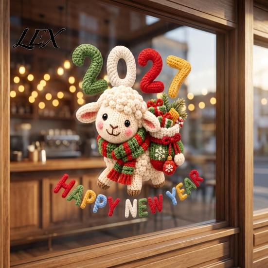 Festive Window Decorations Happy New Year Cling, 2027 Crochet Sheep Snowflake Glass Decals Glas Sticker, Reusable Christmas Holiday Decoration Static
