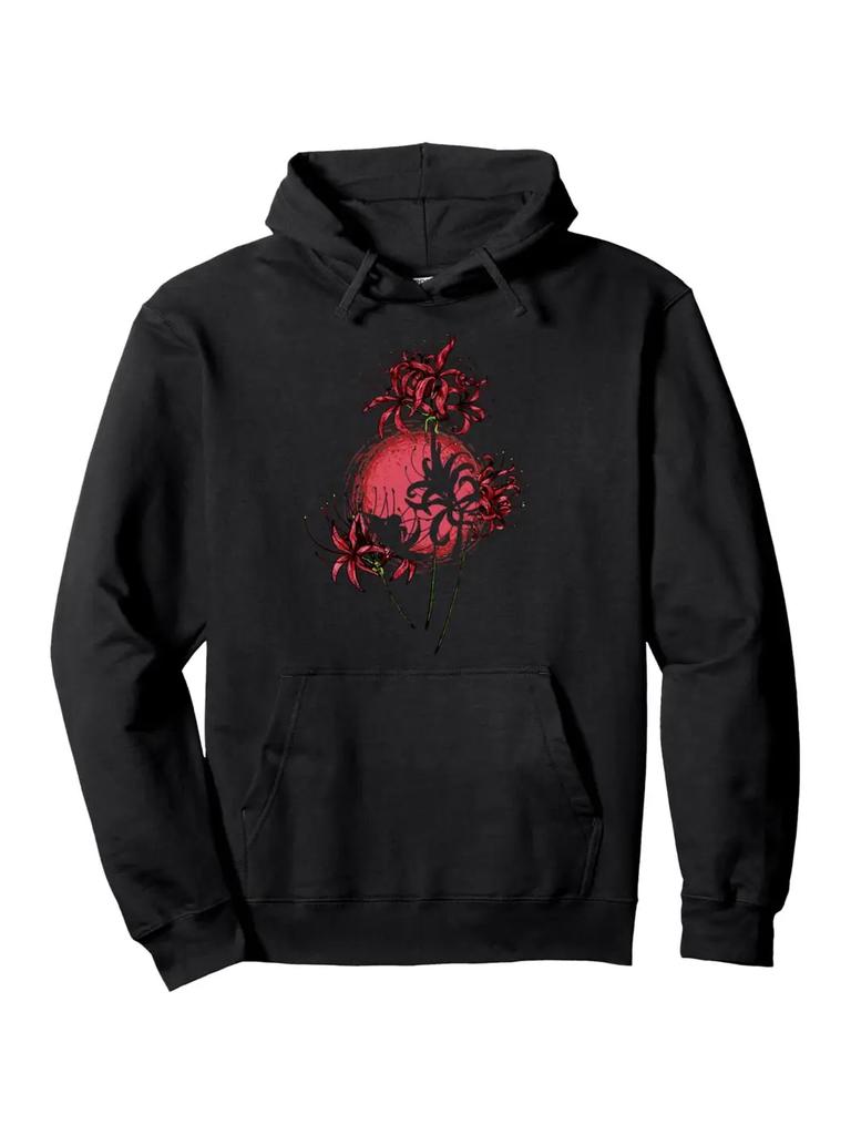Japanese Spider Lily Hoodie - Black Floral Pullover Sweatshirt