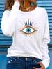 100% pure Polyester women's spring and autumn loose comfortable eye pattern printed long sleeved round neck T-shirt