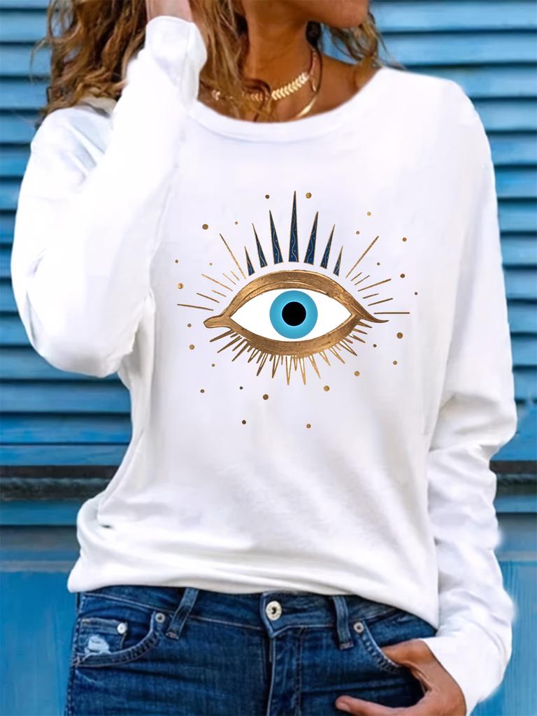 100% pure Polyester women's spring and autumn loose comfortable eye pattern printed long sleeved round neck T-shirt