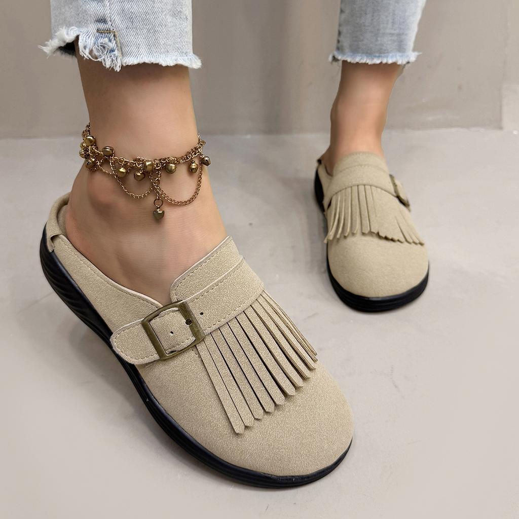 2025 Summer Peep Toe Tassel Sandals Casual Flat Heel Women's Shoes Buckle Sandals for Women