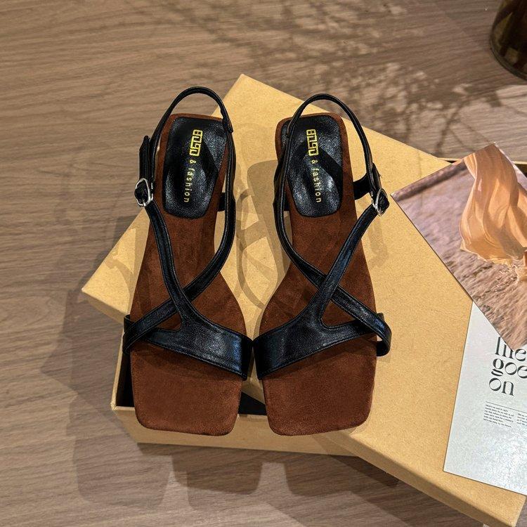 With Skirt Temperament One-word Buckle with Open-toed Square Head Sandals Women's Summer French Beautiful Fairy Style 3cm Small Heels
