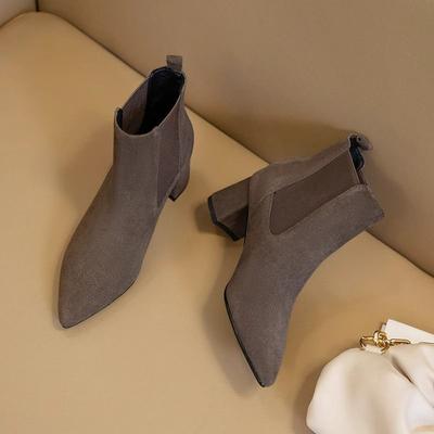 Британский Французский Осень и Зима Новые Корейские Натуральные Челси Короткие Ботинки Женские 2025 Осень/Зима Толстый Каблук Заостренные Ботинки Мартин