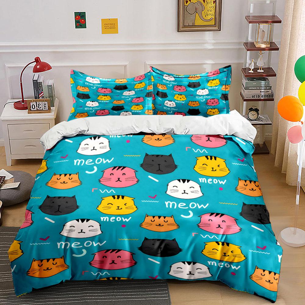 Cute Cat Faces Pattern Design Bedding Duvet Cover Set (1*Duvet Cover 2*Pillowcases, without duvet insert)