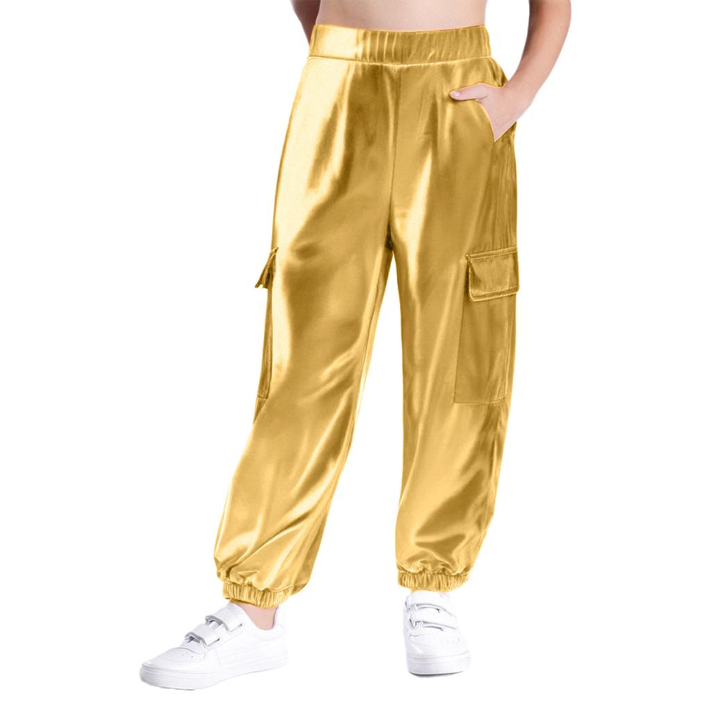 Unisex Kids Metallic Shiny Pants Elastic Waistband Design Hip Hop Jazz Dance Trousers