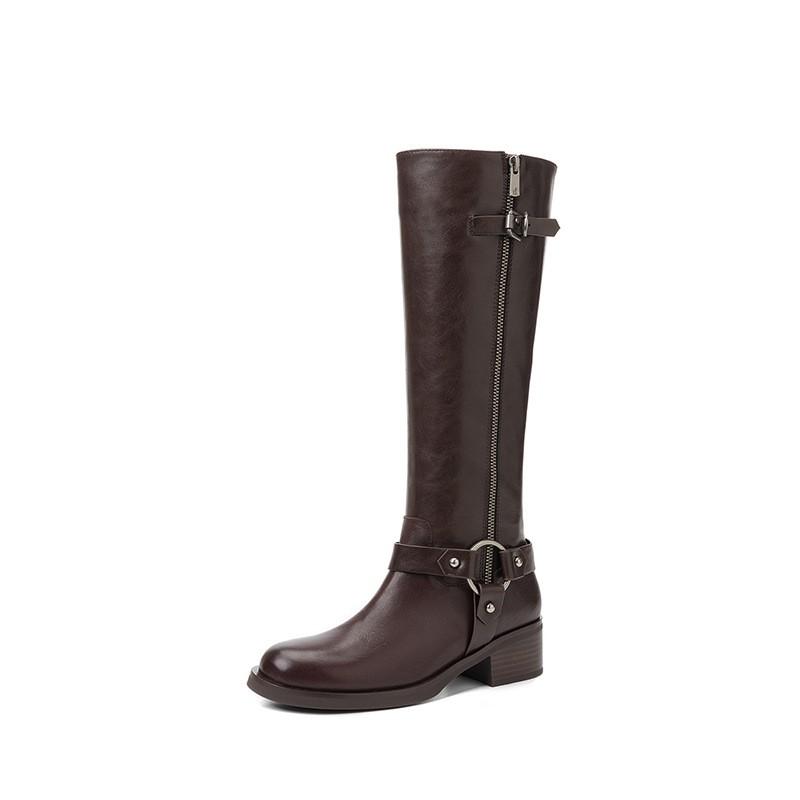 Womens British Style Knee High Boots Round Toe Chunky Heel Fall Winter Fashion Versatile Riding