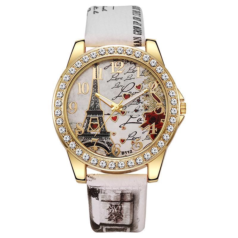 Snake Print Leather Belt Women's Watch with Eiffel Tower Design and Diamond Numerals