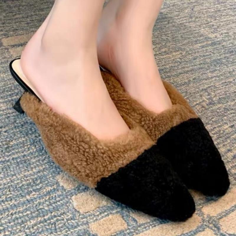 Women High Heels Fur Slippers Home Cotton Shoes Winter Plush Warm Pointed Toe Shoes 2025 Trend Casual Flip Flops Zapatos Mujer
