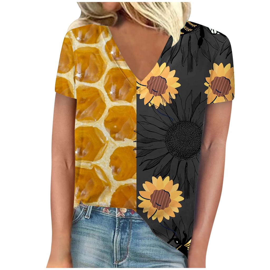 Винтажная женская футболка с принтом пчелы, с коротким рукавом, с V-образным вырезом, удобные футболки