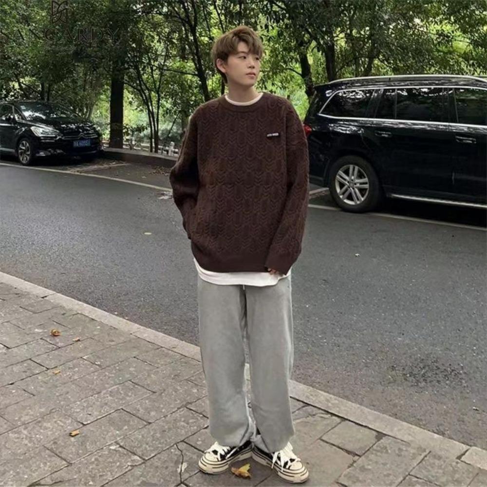 Новый жаккардовый полосатый свитер мужской утолщенный ленивый стиль премиальный сенс свободный ретро круглый вырез вязаный свитер