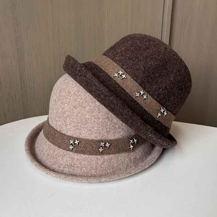 New high-grade woolen felt hat soft short brim crimped basin hat women's autumn and winter elegant dome bucket hat