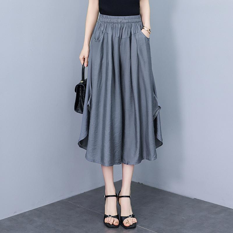 Women's Spring Summer and Autumn Thin Section of Pure Colour Cotton and Linen Leisure Comfortable Breathable Seven-minute Wide Legged Trousers