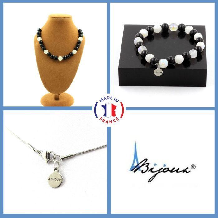 Stones and Minerals. Jewelry Set Bracelet Necklace Pearls Black Agate + Moonstone 8 Customizable Size.