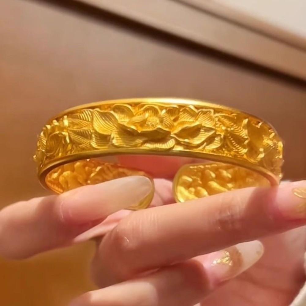 Peony Flower Chinese Style Bangle Opening Wrist Jewelry Exquisite Golden Bracelets Festival Gifts