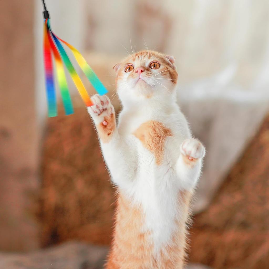 5 Pcs Cat Ribbon Toy, Cat Toy Wand Replacement Interactive Kitten Rainbow Toys Wand, Portable Cats Teaser Wands, Kitten Ribbon Refill Attachment Toys