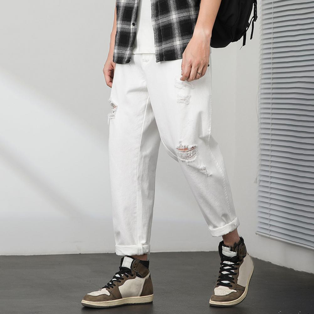 Men Jeans Mid-rise Button Zipper Fly Ripped Holes Design Denim Pants with Pockets Solid Color Casual Harem Trousers