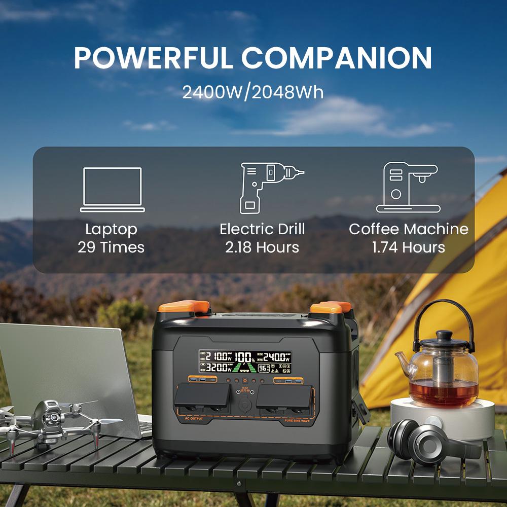 Портативная электростанция NECESPOW S2400, выходная мощность 2400 Вт, 2048 Вт·ч LiFePO₄, резервное питание UPS 20 мс, 13 портов, быстрая зарядка 1,5 часа, управление через приложение