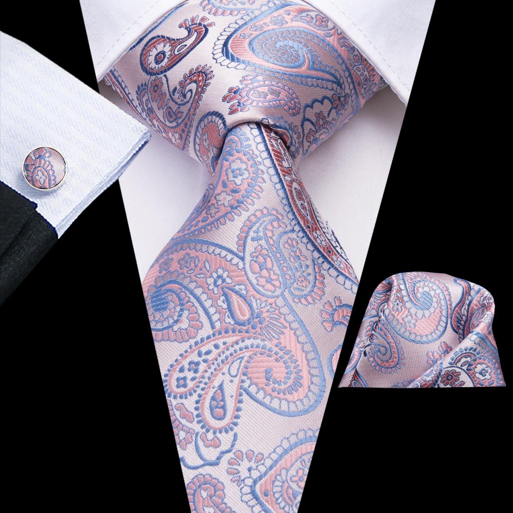 Hi-Tie Fashion Mens Wine-Red Paisley Necktie Hanky Cufflinks for Business Wedding