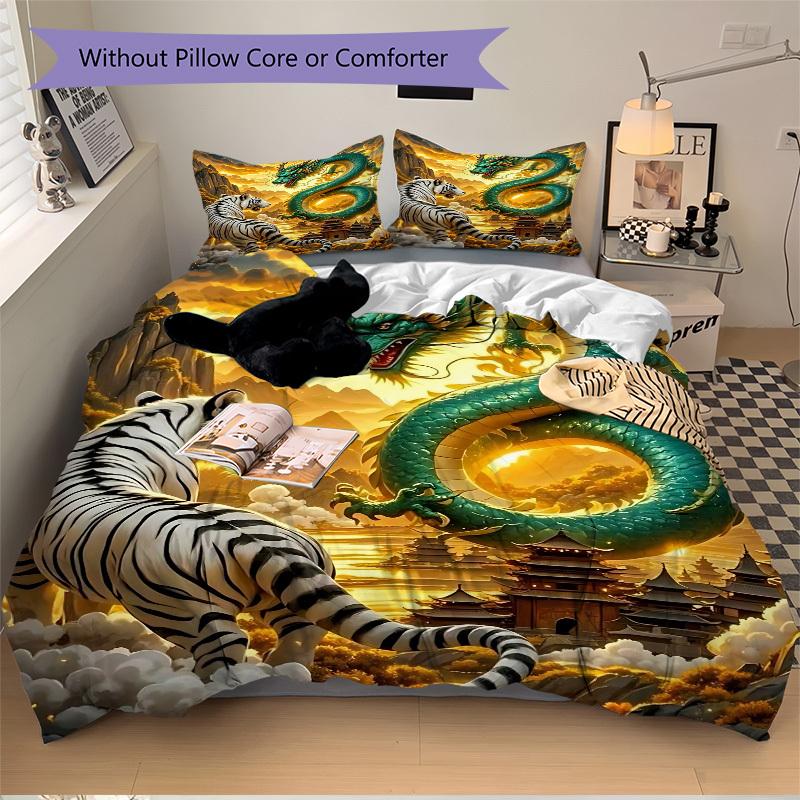 3PCs Dragon, Tiger Design Cover Set, Breathable Fabric, Machine Washable (1 Duvet Cover + 2 Pillowcases) (Without Quilt) yy250911143