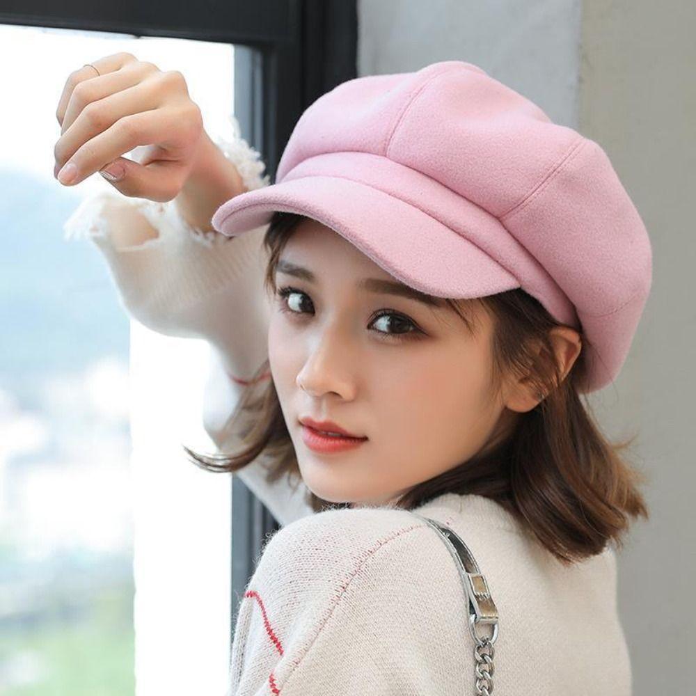 Solid Color Baker Cap Adjustable Strap Octagonal Cap Vintage Newsboy Cap Autumn Winter