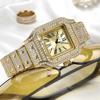Винтажные Женские Часы с Римскими Цифрами Золотые Iced Out Квадратные Кварцевые Наручные Часы с Бриллиантами Водонепроницаемые Светящиеся Роскошные Часы для Женщин