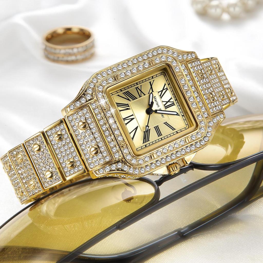 Винтажные Женские Часы с Римскими Цифрами Золотые Iced Out Квадратные Кварцевые Наручные Часы с Бриллиантами Водонепроницаемые Светящиеся Роскошные Часы для Женщин