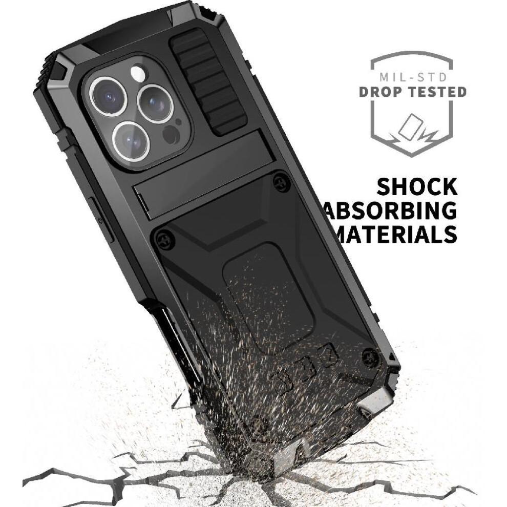 (Black) Metal Case for Iphone 16 Pro Withkickstand Glass Screen Protector 360 Full Body Protective Cover Shockproofheavy