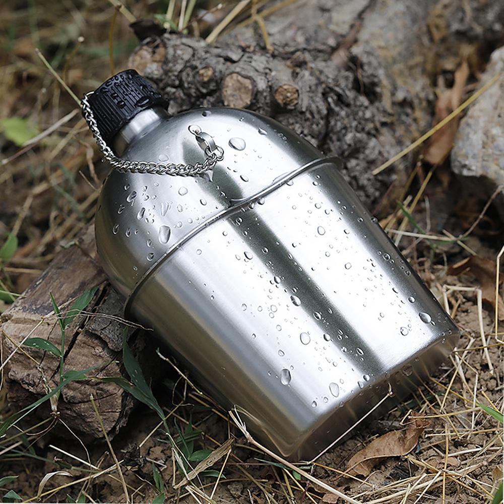 2pcs 1000ml 600ml Stainless Steel Military Canteen Cup Set with Cover Bag for Outdoor Camping Hiking Backpacking