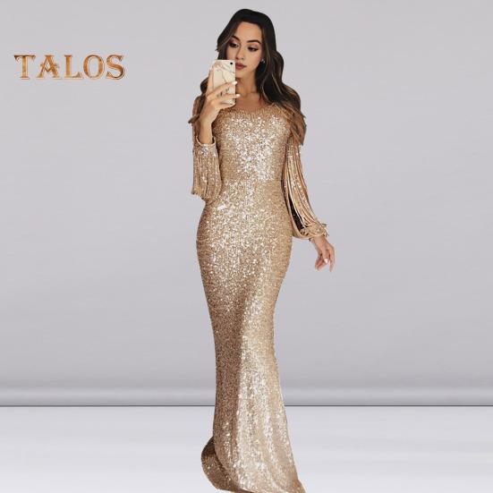 Женское платье для выпускного вечера с кисточками и рукавами-футляром, облегающее платье с V-образным вырезом, однотонное вечернее платье с блестками и рыбьим хвостом, коктейльное платье макси