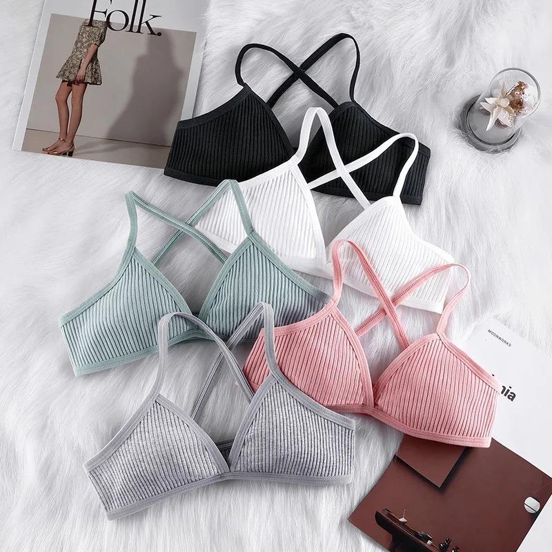 Women Sports Bra Comfort Cotton Bras for Women Thin French Style Bralette Sexy Deep V Triangle Cup Cross Tank Top Bra Gym