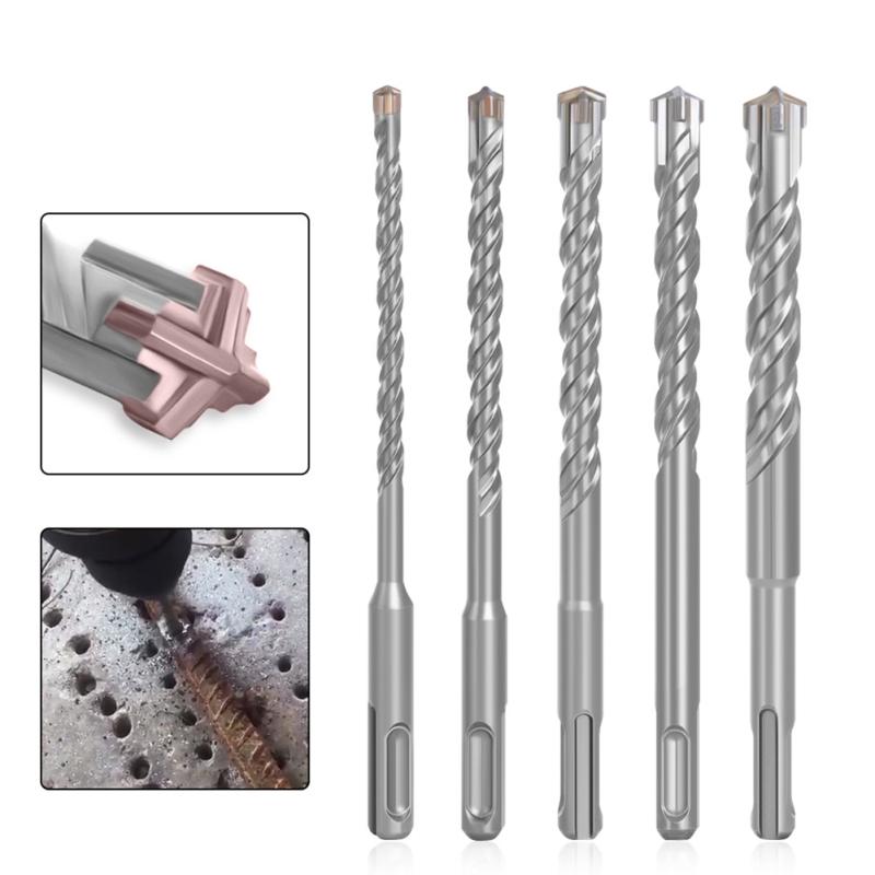5 Pcs Electric Hammer Cross Impact Drill Bit Set 2-slot Round Shank Cross Tips For Concrete Wall