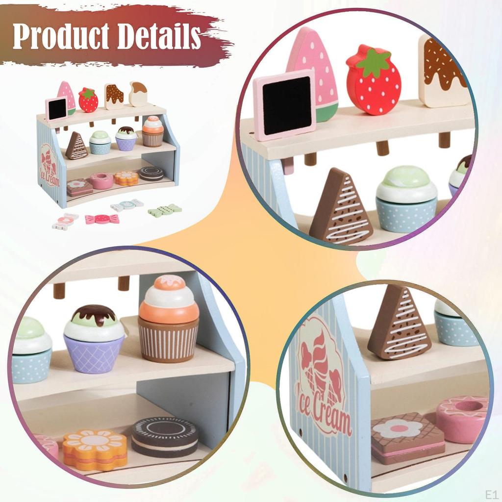 Play Desserts Food Set Pretend Kitchen Toy Education with Wooden Stand Toys Ice