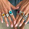 6Pcs/set Antique Silver Tone Stackable Ring Inlaid Resin Stone Resin Stone Ring For Women
