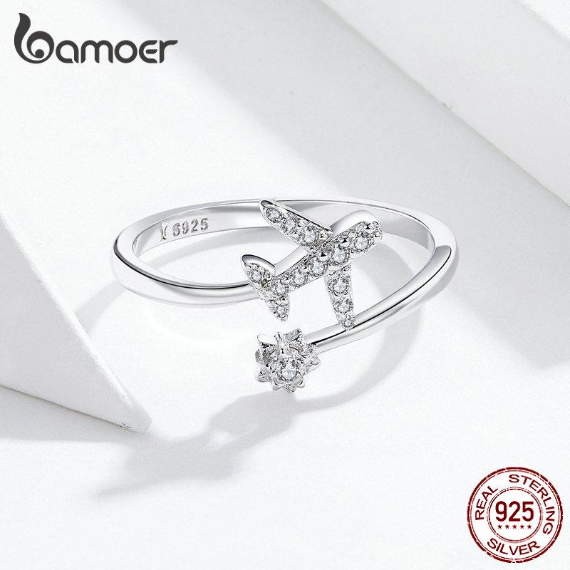 Bamoer из стерлингового серебра 925 пробы, летающий самолет, открытые кольца на палец для женщин, прозрачное регулируемое кольцо с CZ
