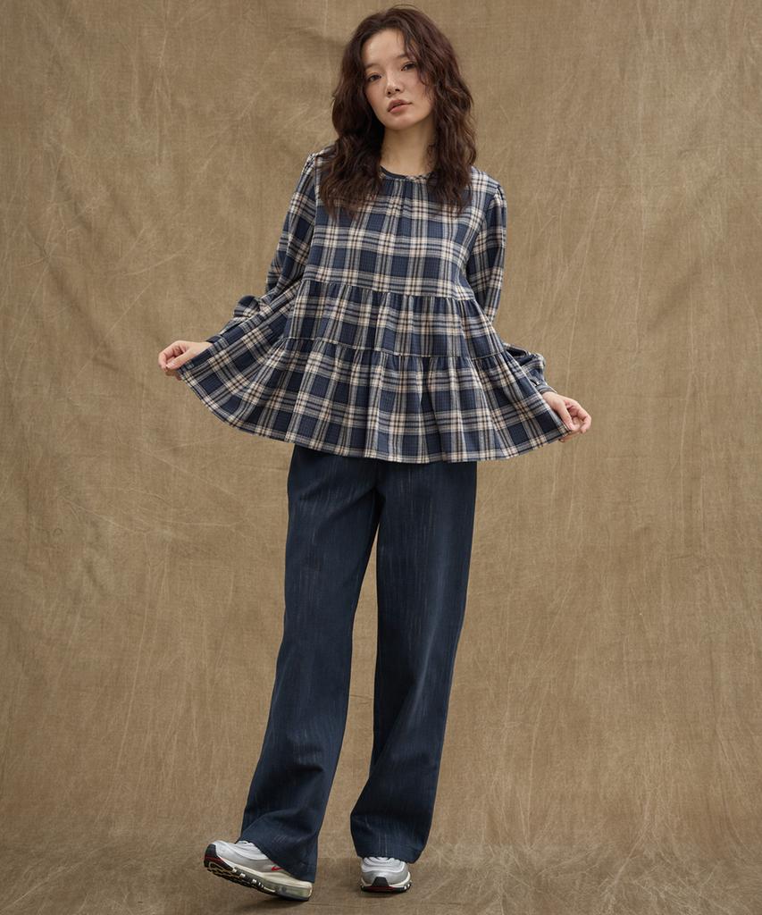 MANAVIS7 Check Ribbon Blouse [Navy]