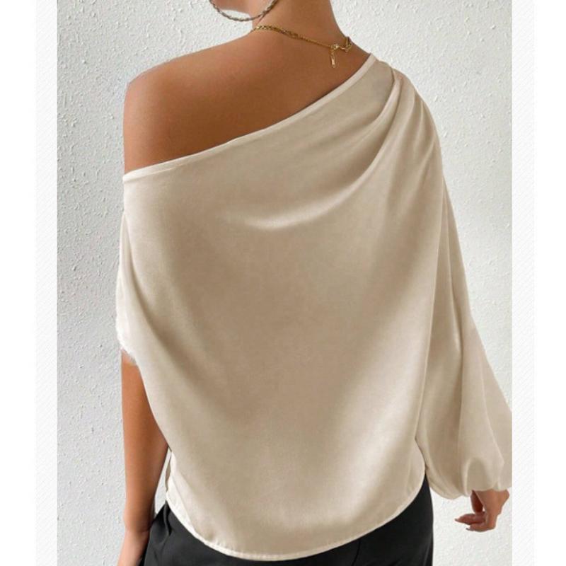 Сексуальные элегантные повседневные блузки с косым воротником и длинным рукавом, женские модные рубашки с открытыми плечами, топы, однотонные, простые, приталенные, женские блузки 26399