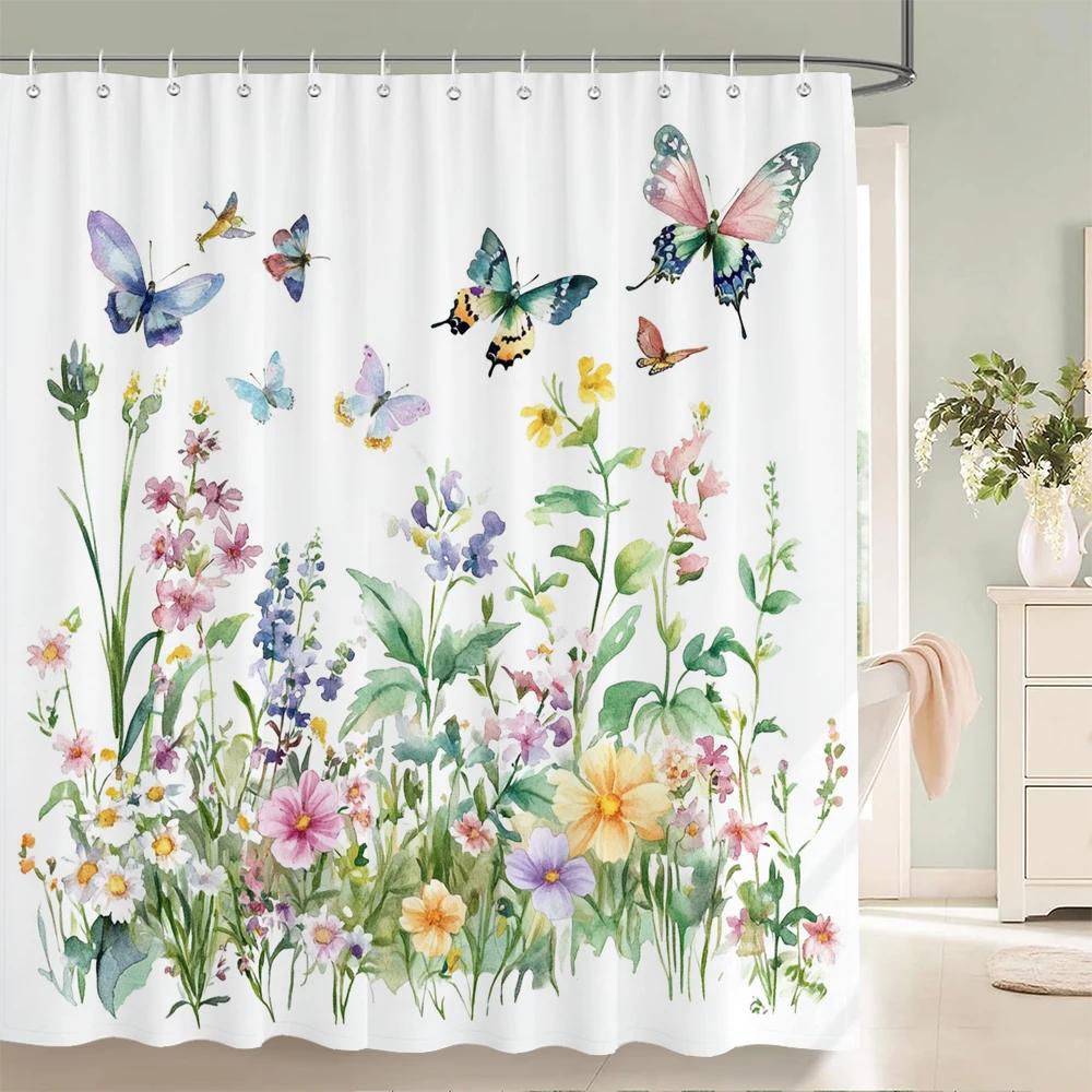 Watercolor Flowers, Leaves And Butterflies Shower Curtain Floral Printed Bathroom Bath Curtain Home Decor Curtain With Hooks