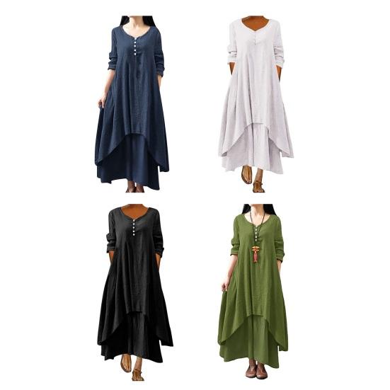 Женское платье макси с карманами, рукавами девятой длины, круглым вырезом, неровным многослойным подолом