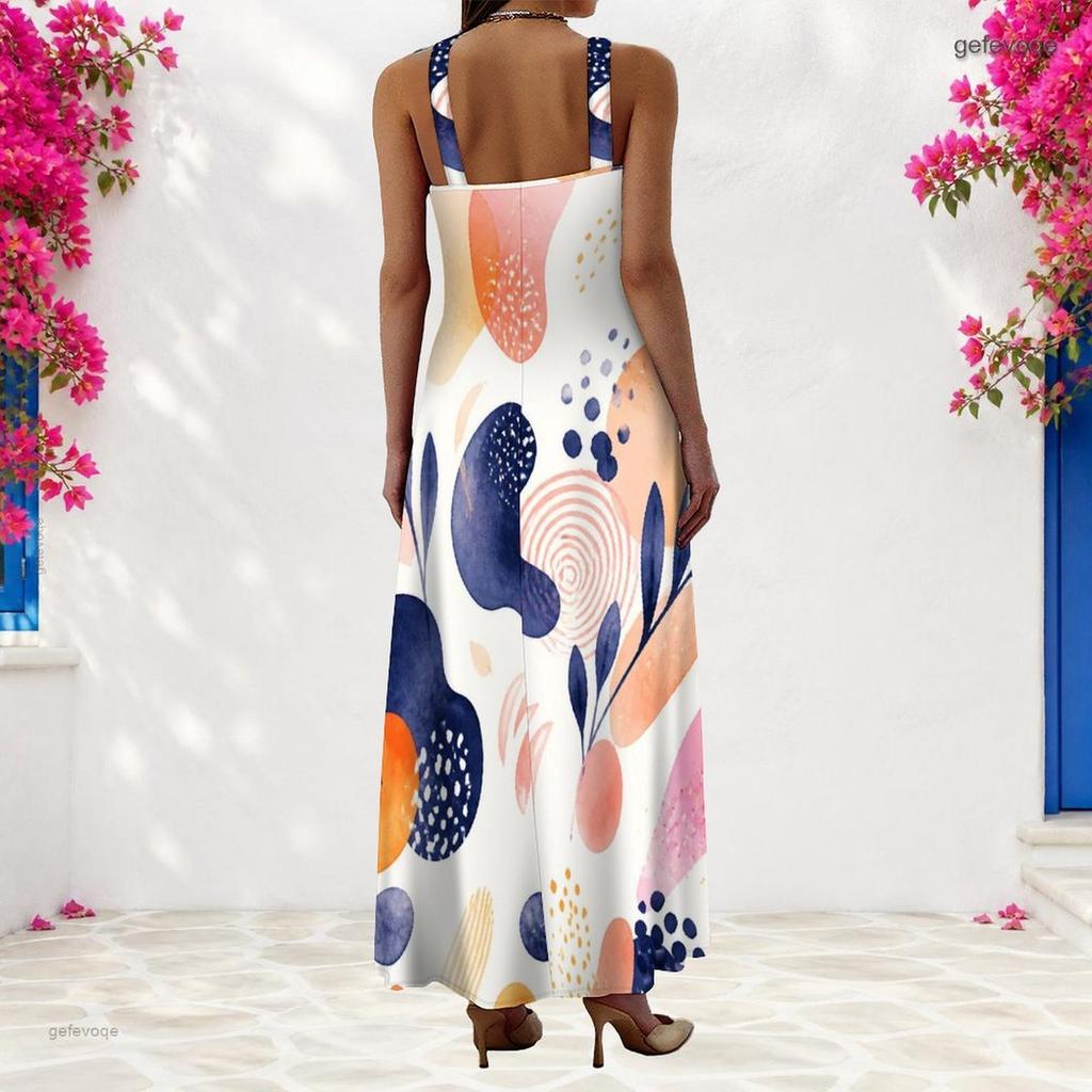 Women Plus Size Scoop Neck Strappy Sleeveless Colorful Printed A Line Long Dress