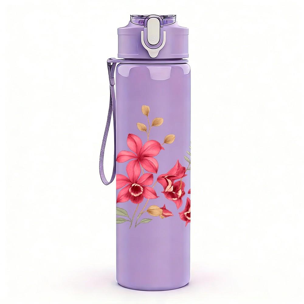 1PC Pink Wild Flower Bouquet Print 750ml Color Plastic Sports Water Bottle Leakproof Flip Straw Lid Suitable for Sports Office Home Use