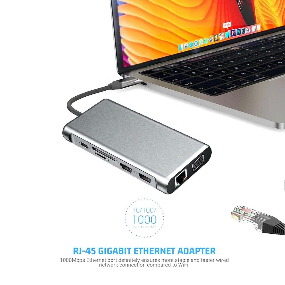 USB-C концентратор 12-в-1 с Dual 4K HDMI, Ethernet, VGA, аудио, 4 порта USB, слотами для карт SD/TF, Type-C для Macbook Pro и Samsung S9 S10 и т. д.