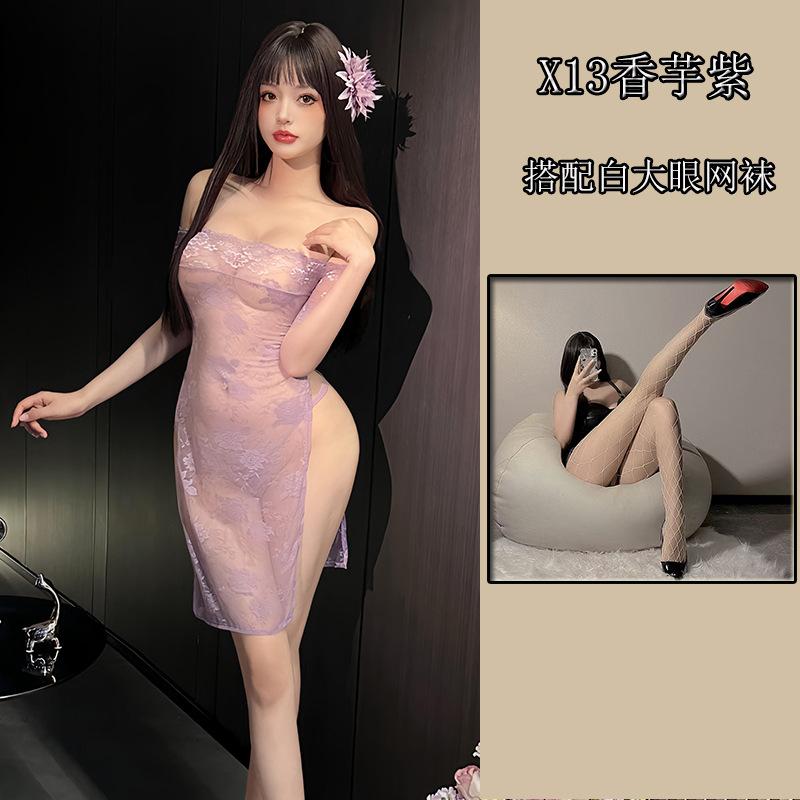 Sexy transparent no-take cheongsam sex underwear one-word collar lace purple perspective hip-wrapped dress Spice Girl suit
