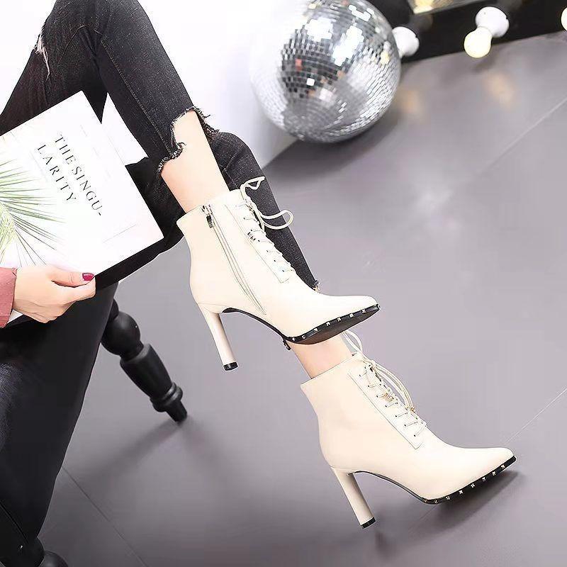 Остроносые туфли на высоком толстом каблуке, женские новые универсальные ботильоны Мартин на шнуровке, тренд