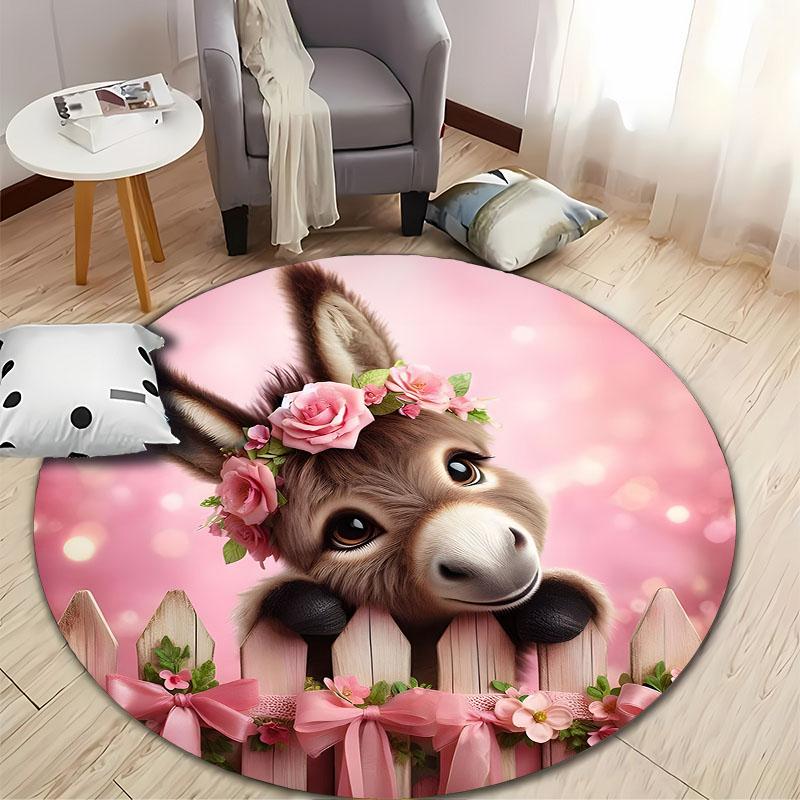 Charming Donkey with Flowers Kids' Playroom Rug round carpet for home sofa bedroom, gift