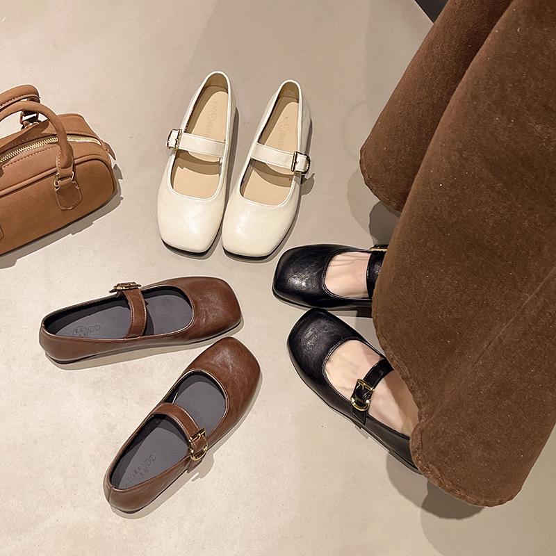 Ретро туфли Мэри Джейн из мягкой кожи для женской коллекции весна 2025, новые туфли на плоской подошве с ремешком через подъем, с неглубоким вырезом, сочетающиеся с юбками и маленькой кожаной обувью