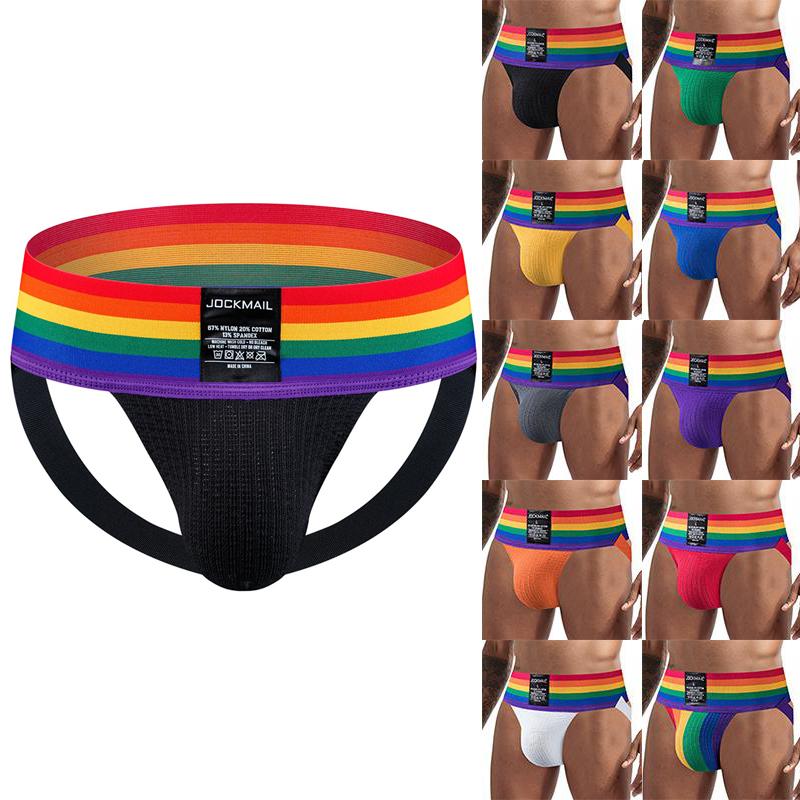 Мужские трусы с широким поясом, дышащие трусы с радужным принтом, нижнее белье-стринги